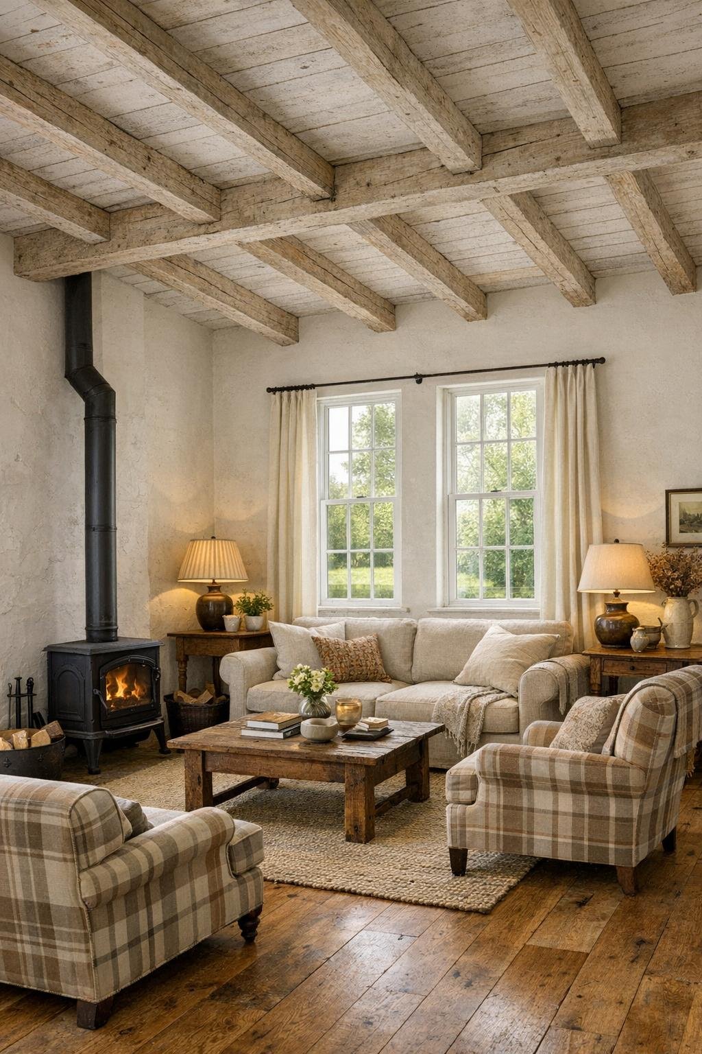 Cozy living room inside a converted one-room schoolhouse with tall windows and cottage furnishings