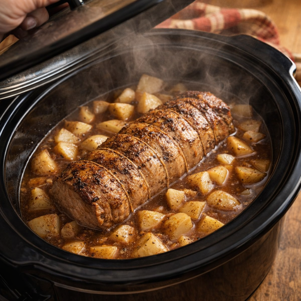 Cooked pork loin and potatoes inside the slow cooker