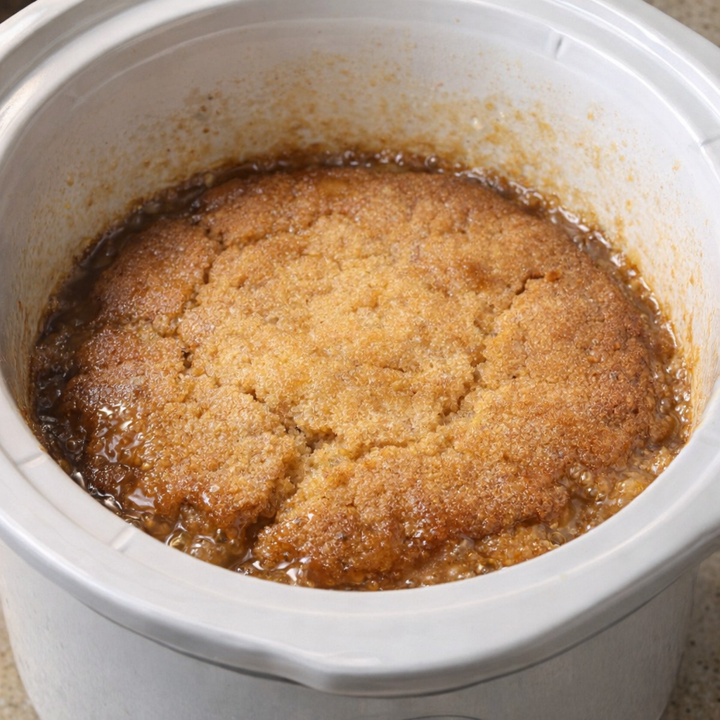 Finished pudding cake with golden top inside the slow cooker