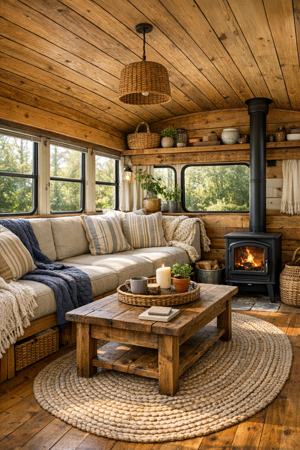 Rustic bus living room with linen bench sofa and warm wood interior
