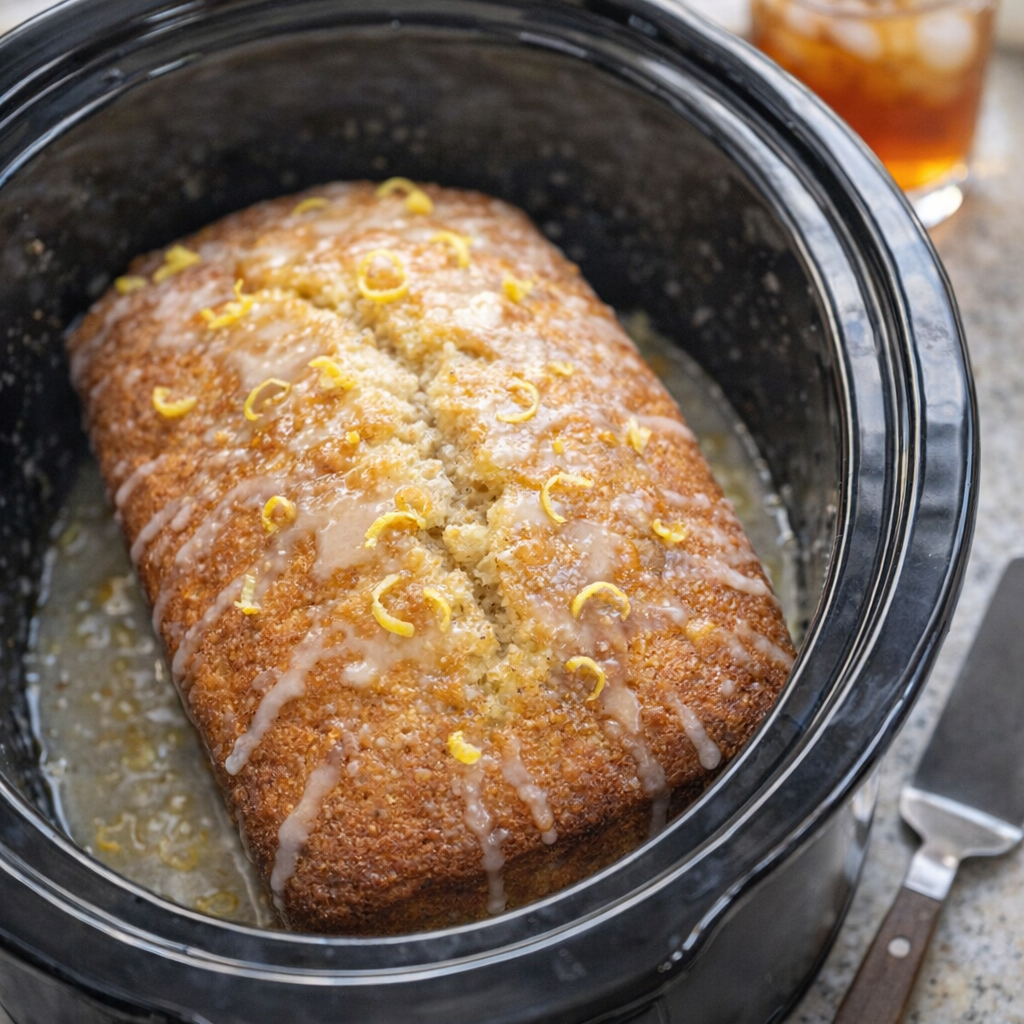 Slow cooker pound cake with lemon glaze