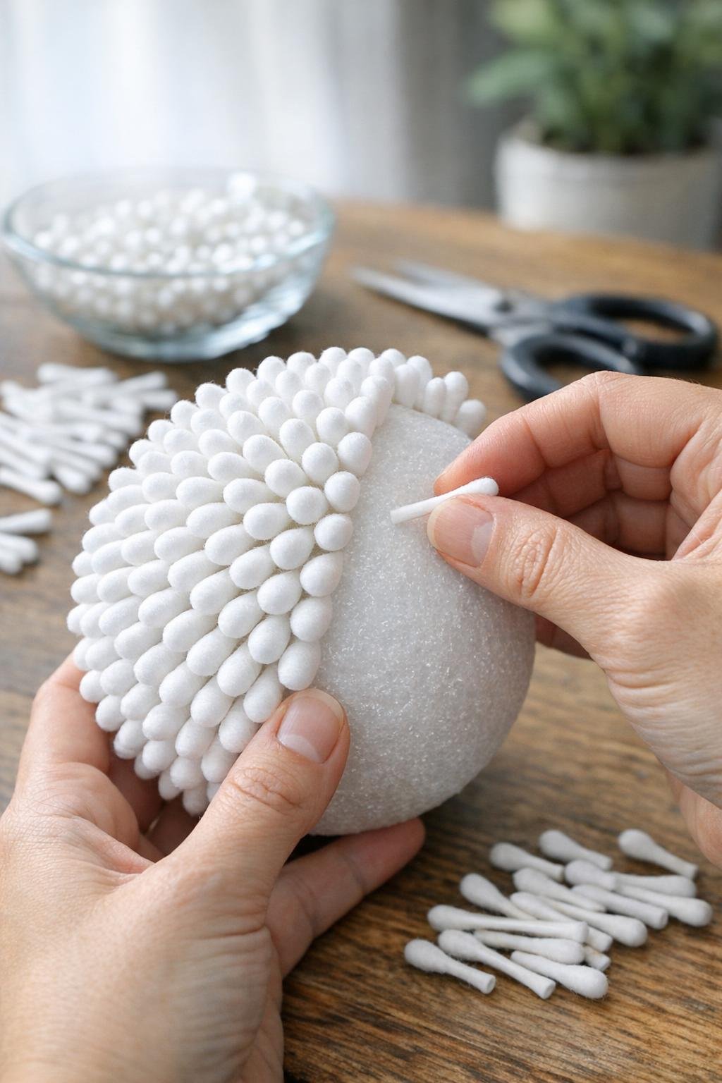 Hands pressing halved cotton swabs into a foam ball
