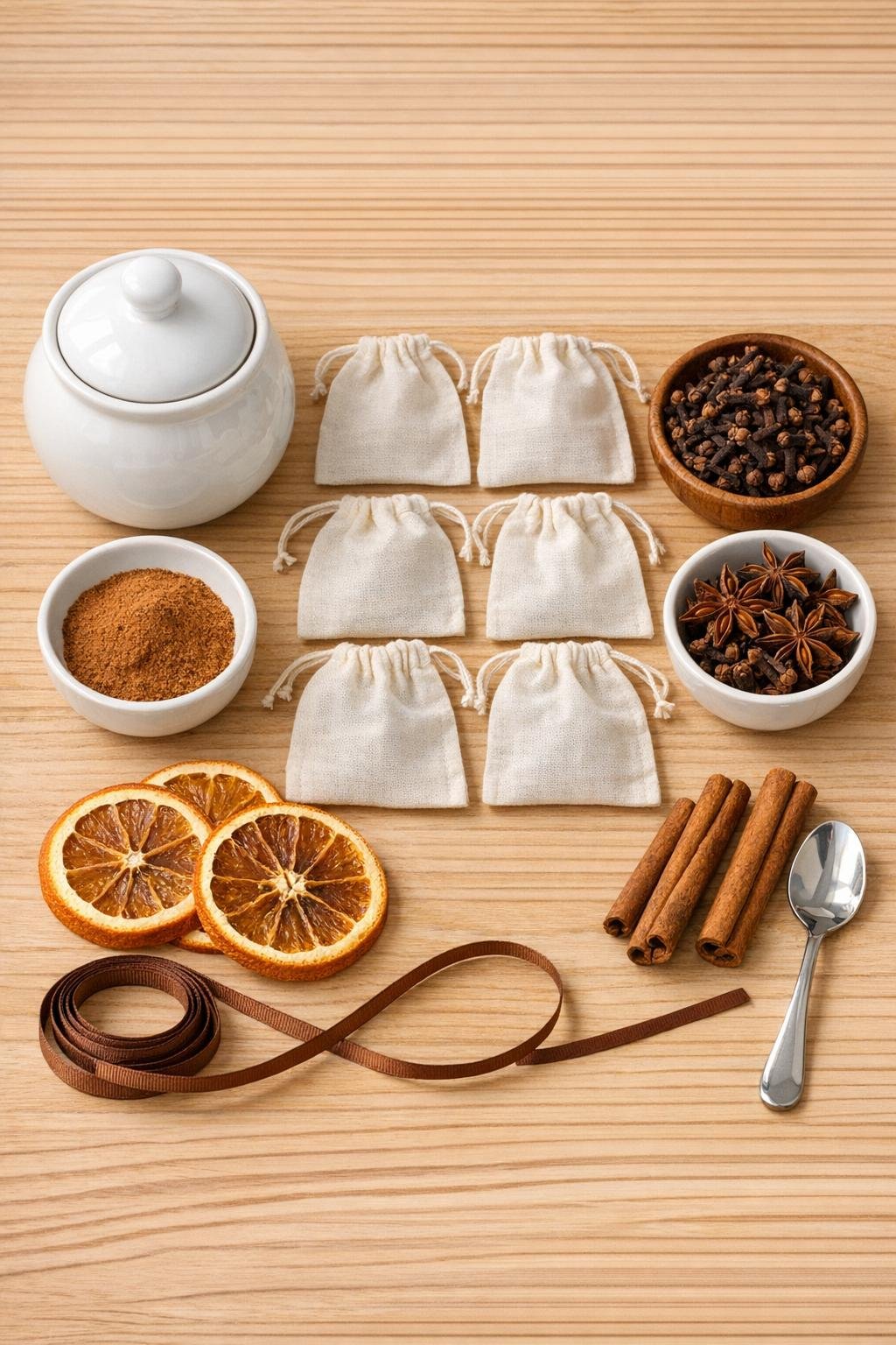 Materials for a ceramic sugar bowl potpourri holder laid out neatly