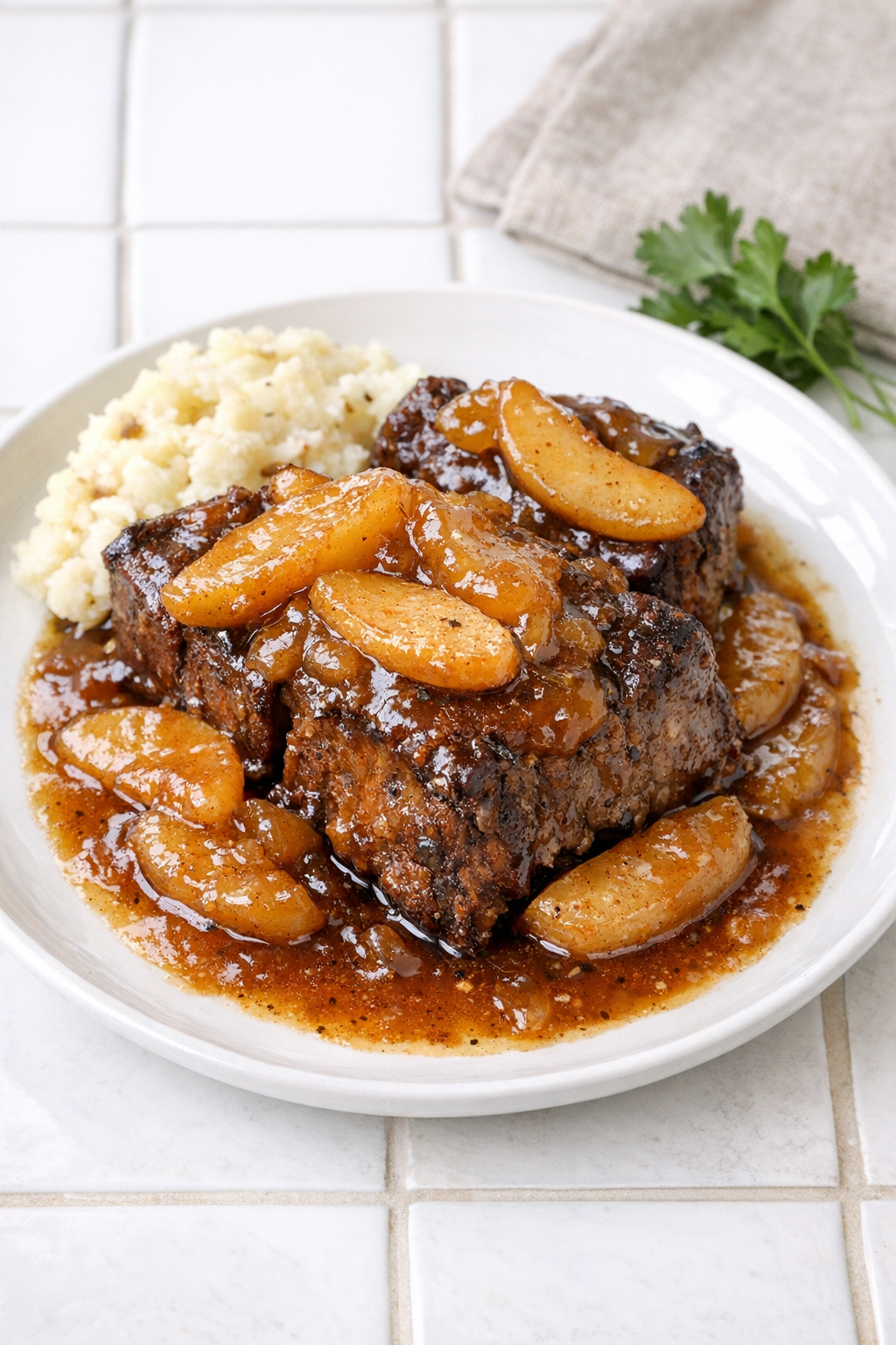 Finished apple-glazed beef short ribs plated for serving