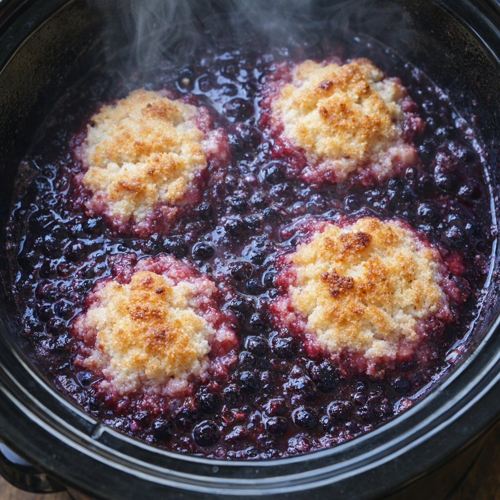 Slow cooker blueberry grunt bubbling in the pot