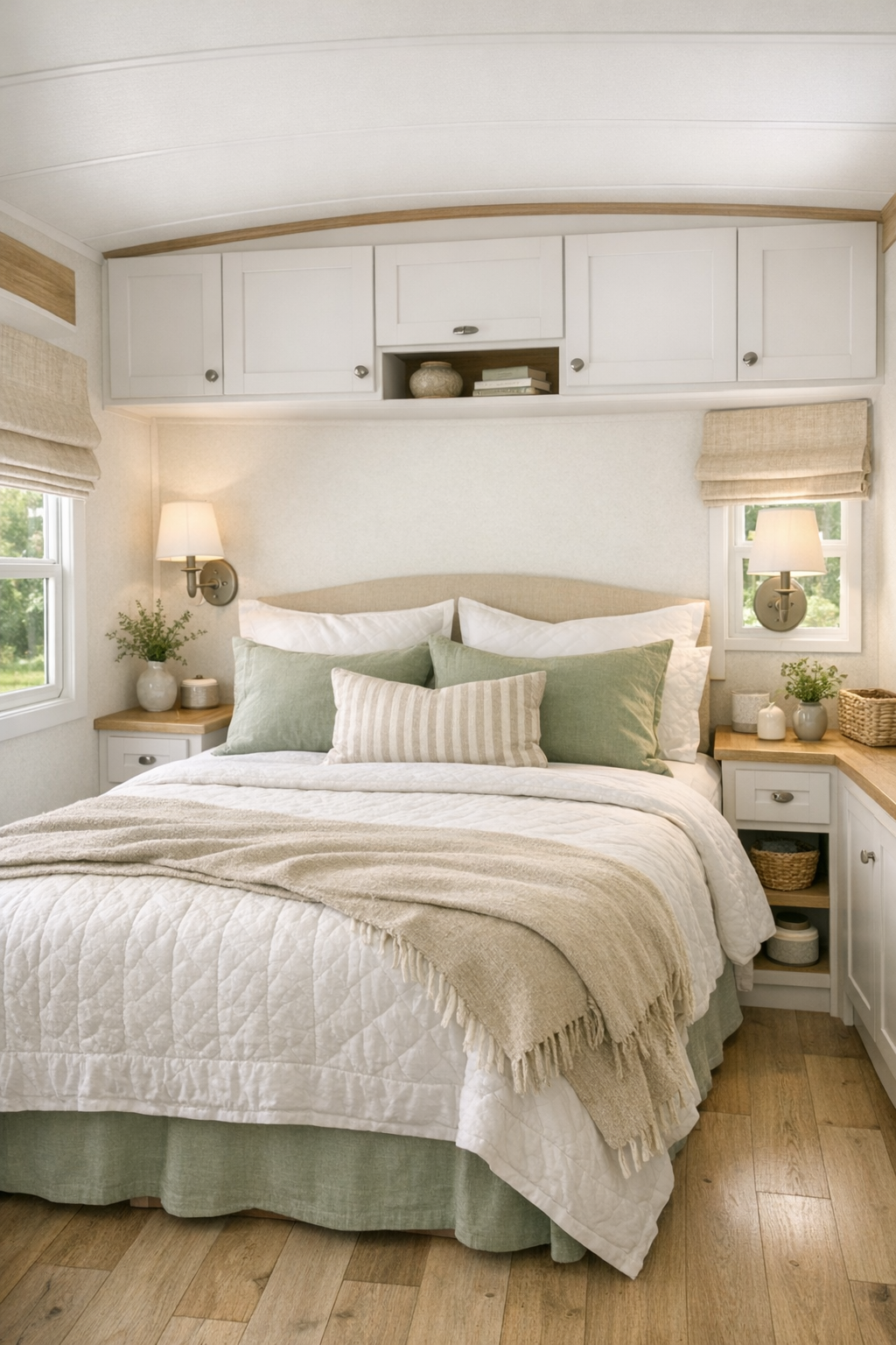Serene small bedroom with soft bedding, built-in storage, and muted sage accents