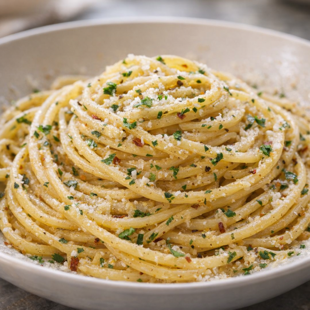 Serving of cowboy butter pasta topped with Parmesan and parsley