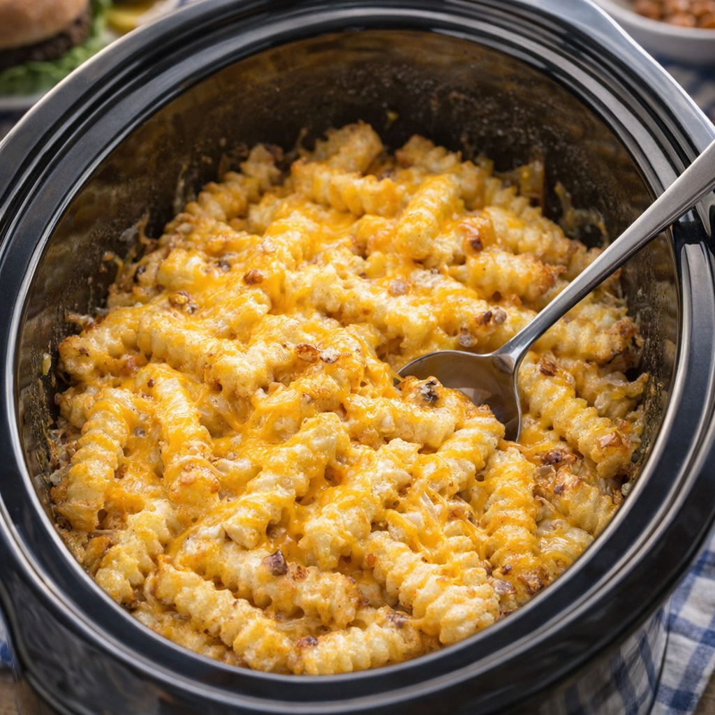 Slow cooker cheesy onion fries served buffet-style