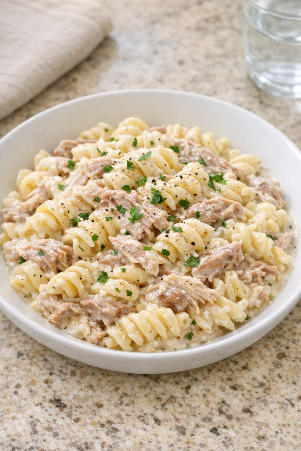 Creamy pork pasta plated in a shallow bowl