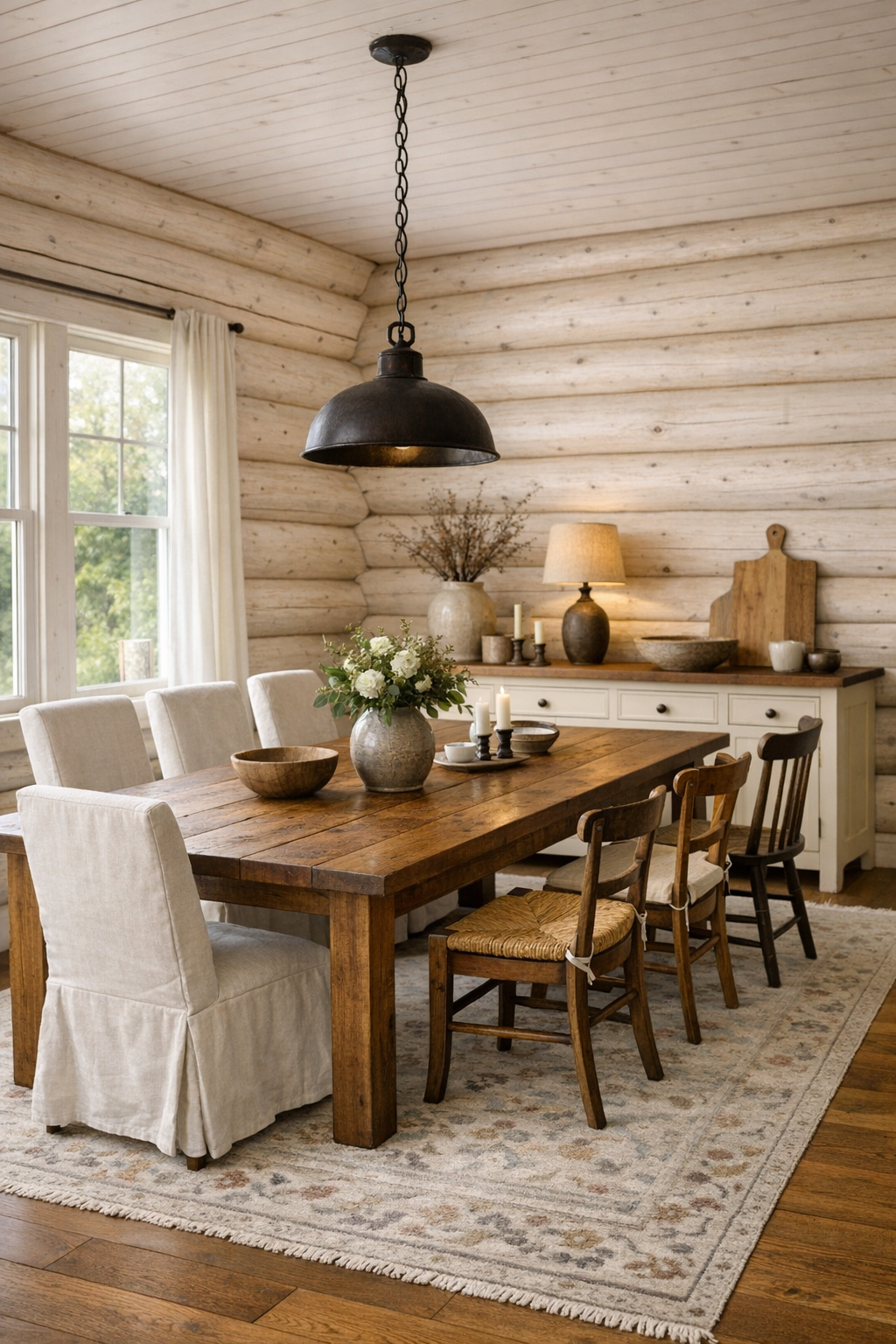 Cozy dining room with a solid wood table, mixed chairs, pale log walls, and soft natural light
