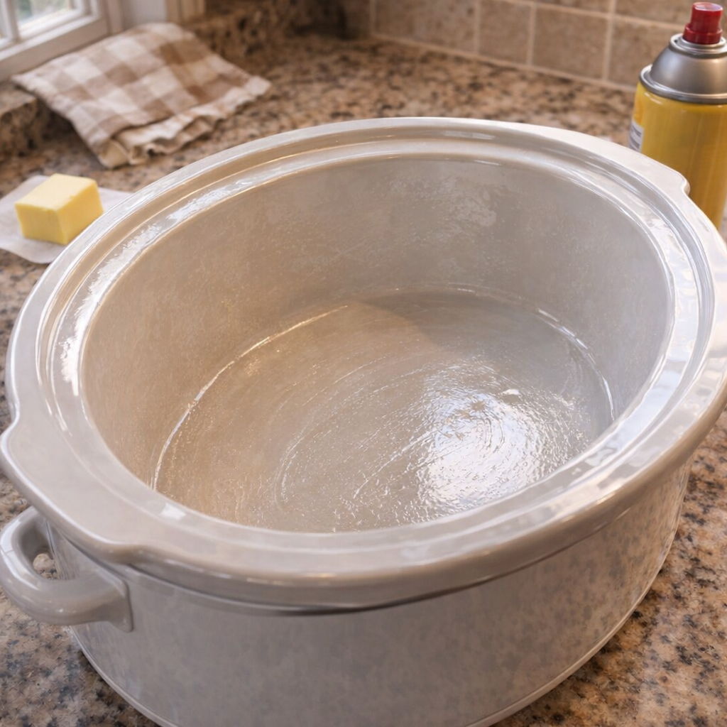 Greased slow cooker ready for the potato mixture
