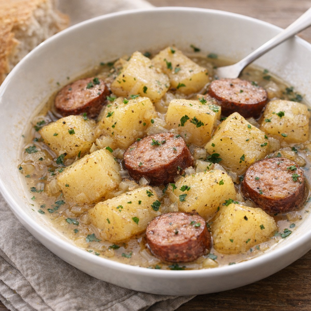 Bowl of potato and sausage stew served with bread on the side