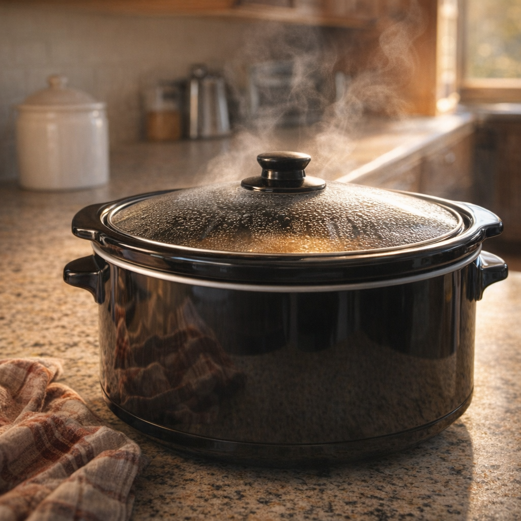 Slow cooker simmering on the counter during cooking