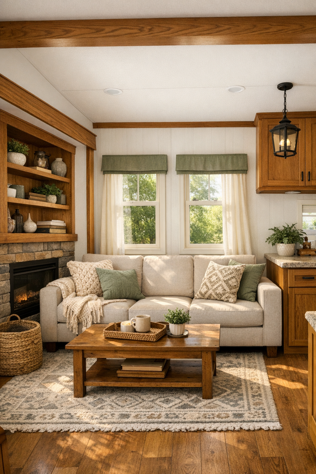 Bright craftsman-style RV living room with a neutral sofa, built-in shelving, warm wood accents, and soft green details