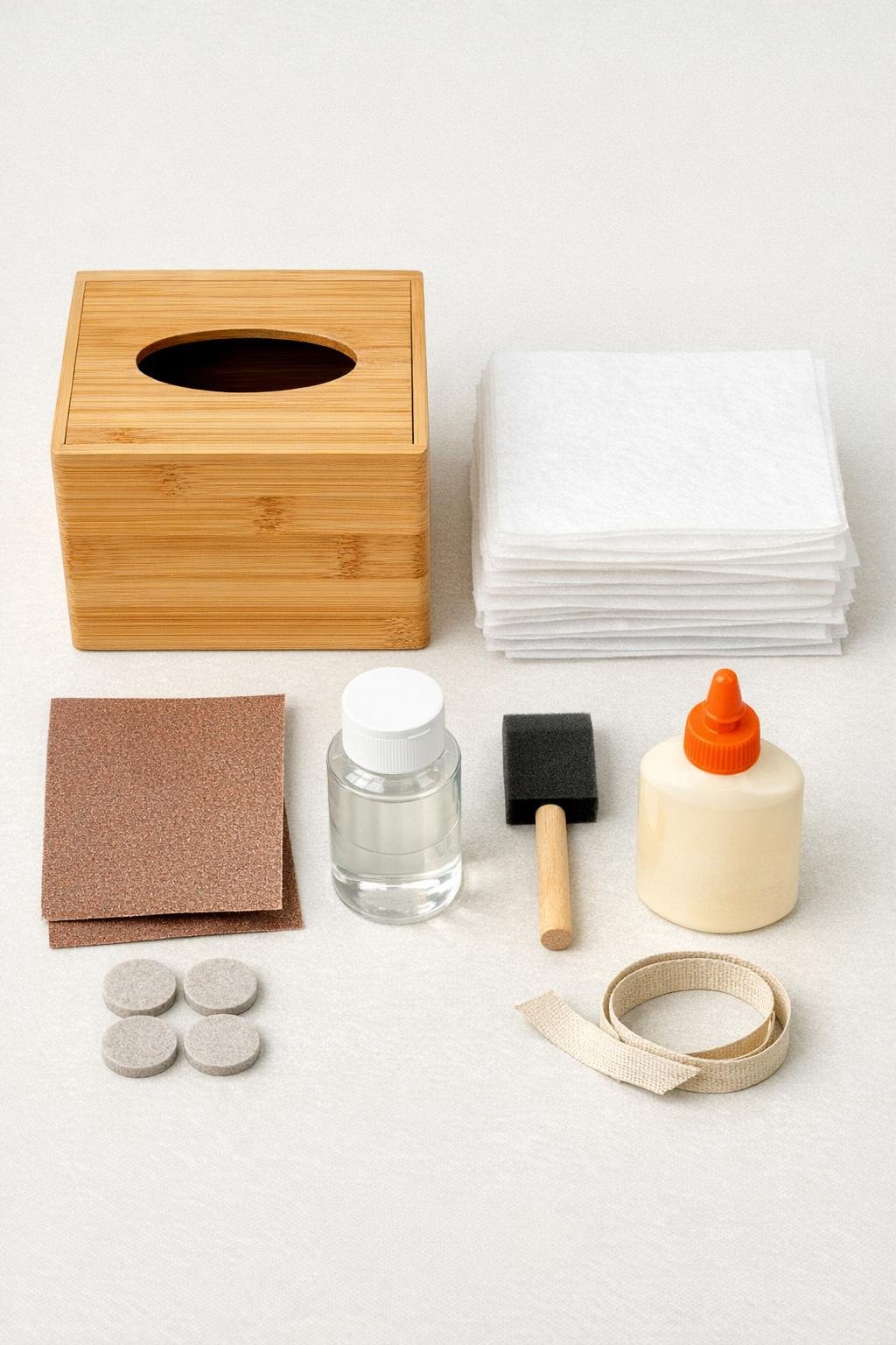 Wooden tissue box cover, dryer sheets, sandpaper, glue, felt pads, and ribbon laid out for the project