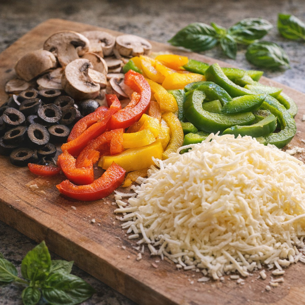 Close view of sliced vegetables and cheese for pizza bowls