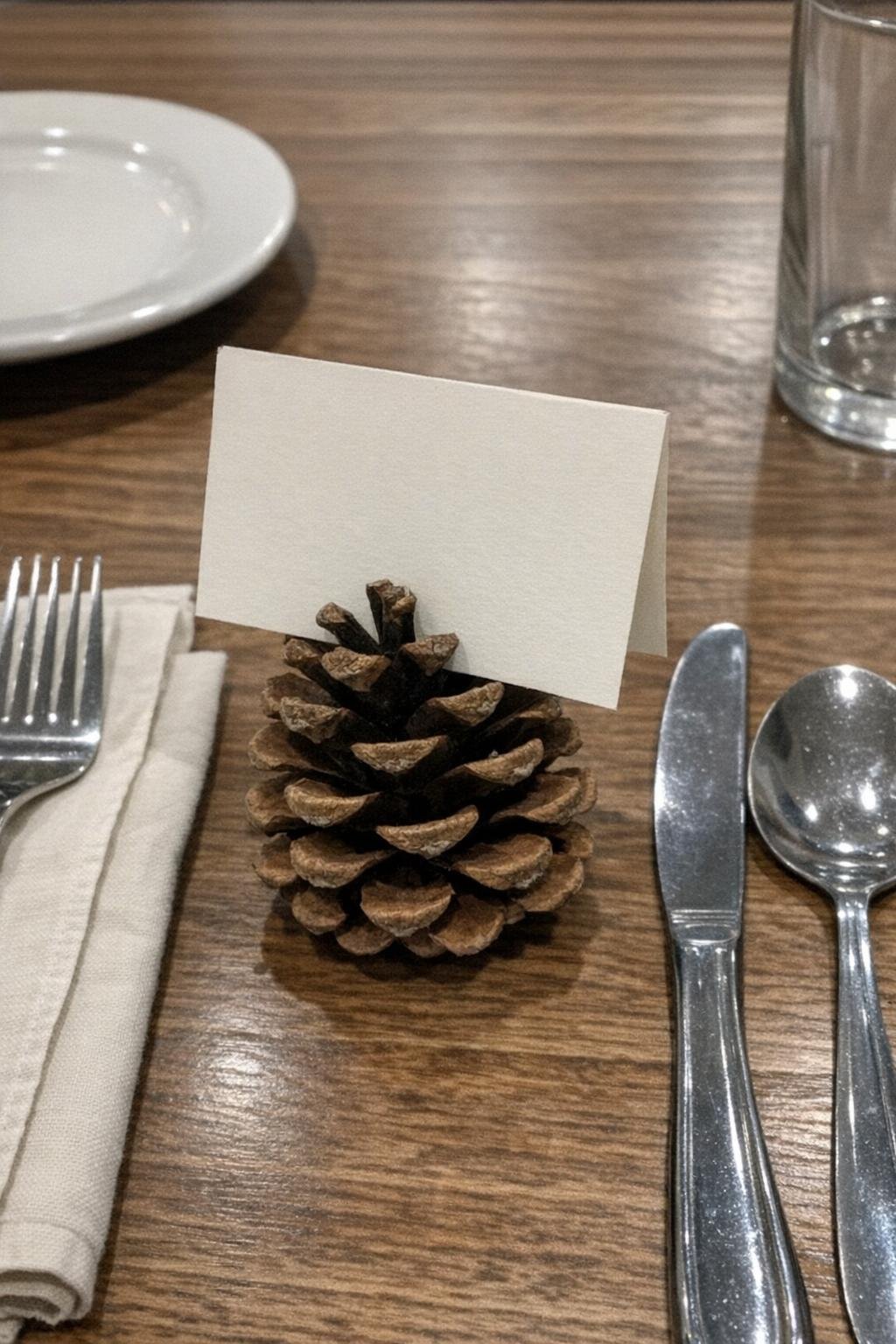 Small pine cone used as a place-card holder on a table setting