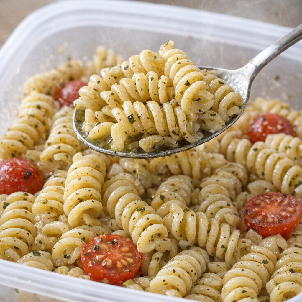 Warm rotini coated with Italian dressing