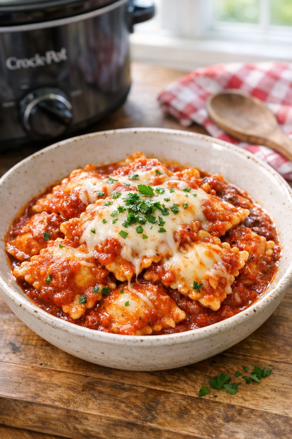 Finished slow cooker beef ravioli plated in a rustic bowl