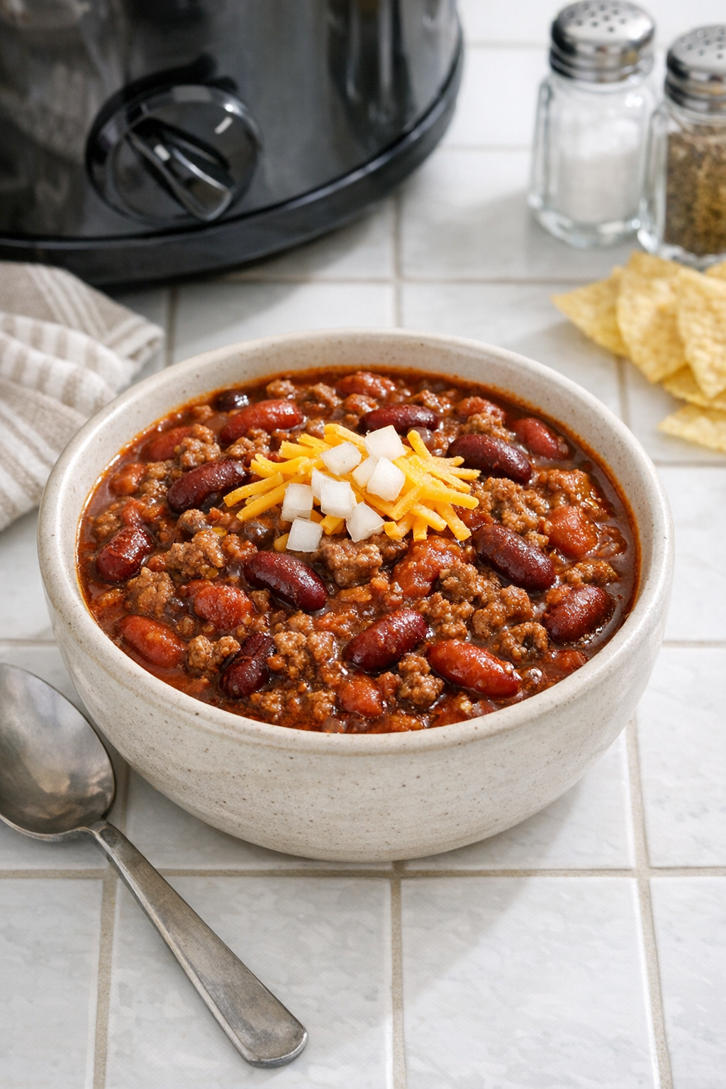 Finished bowl of slow cooker chili