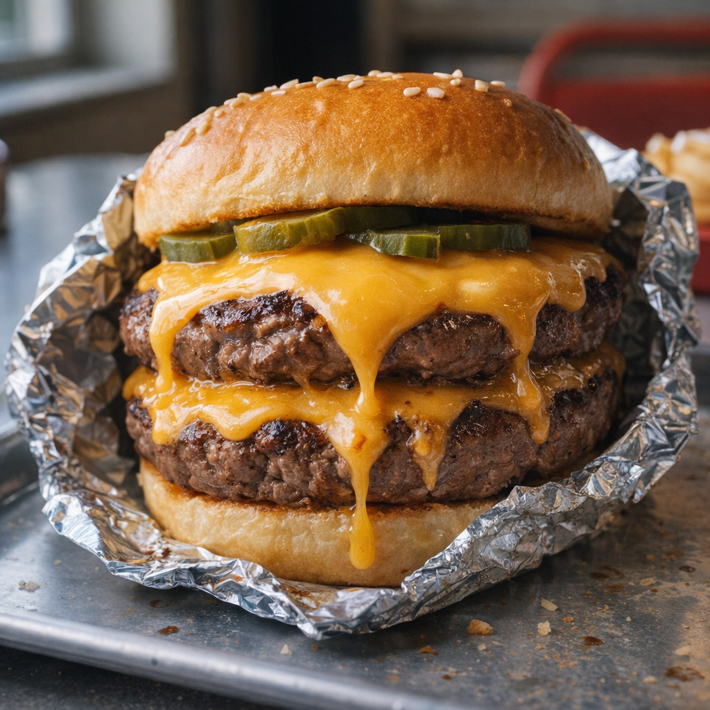Close view of a double cheeseburger with melted cheese