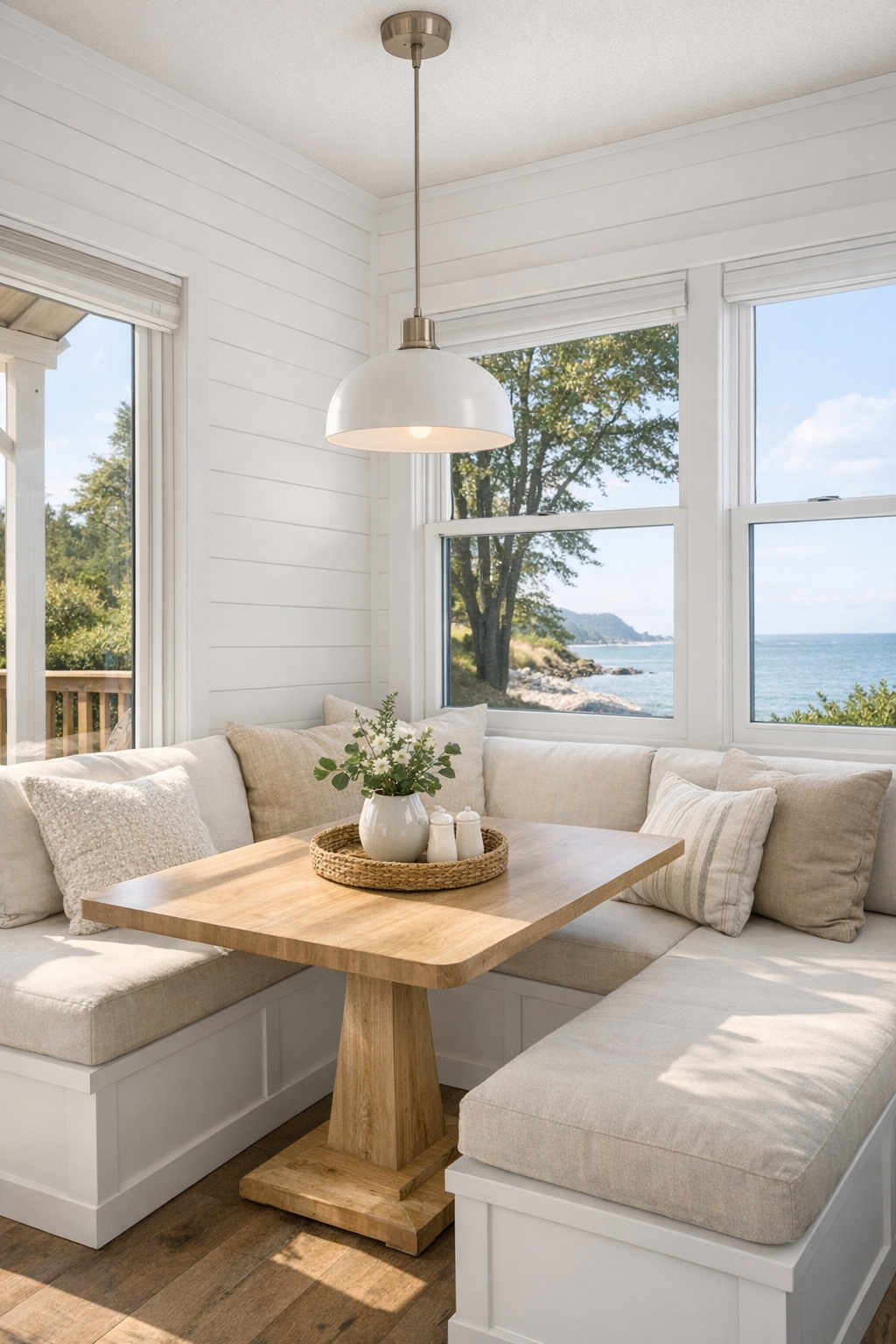 Coastal dining nook with a built-in banquette, light wood table, and soft natural textures