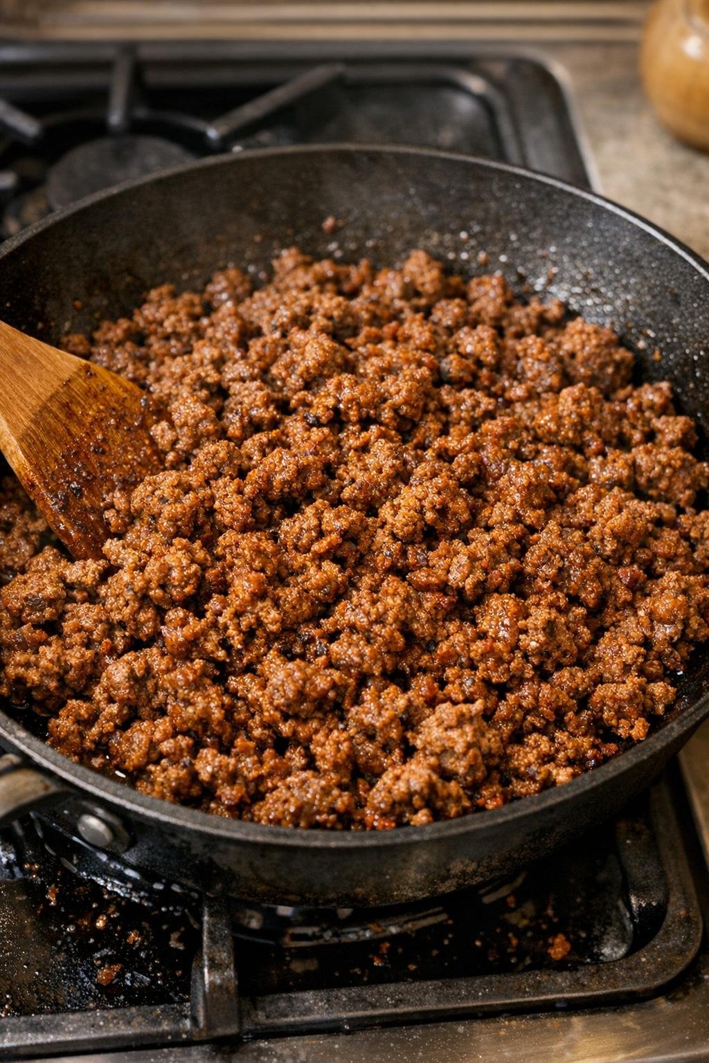 Seasoned ground beef cooking in a skillet