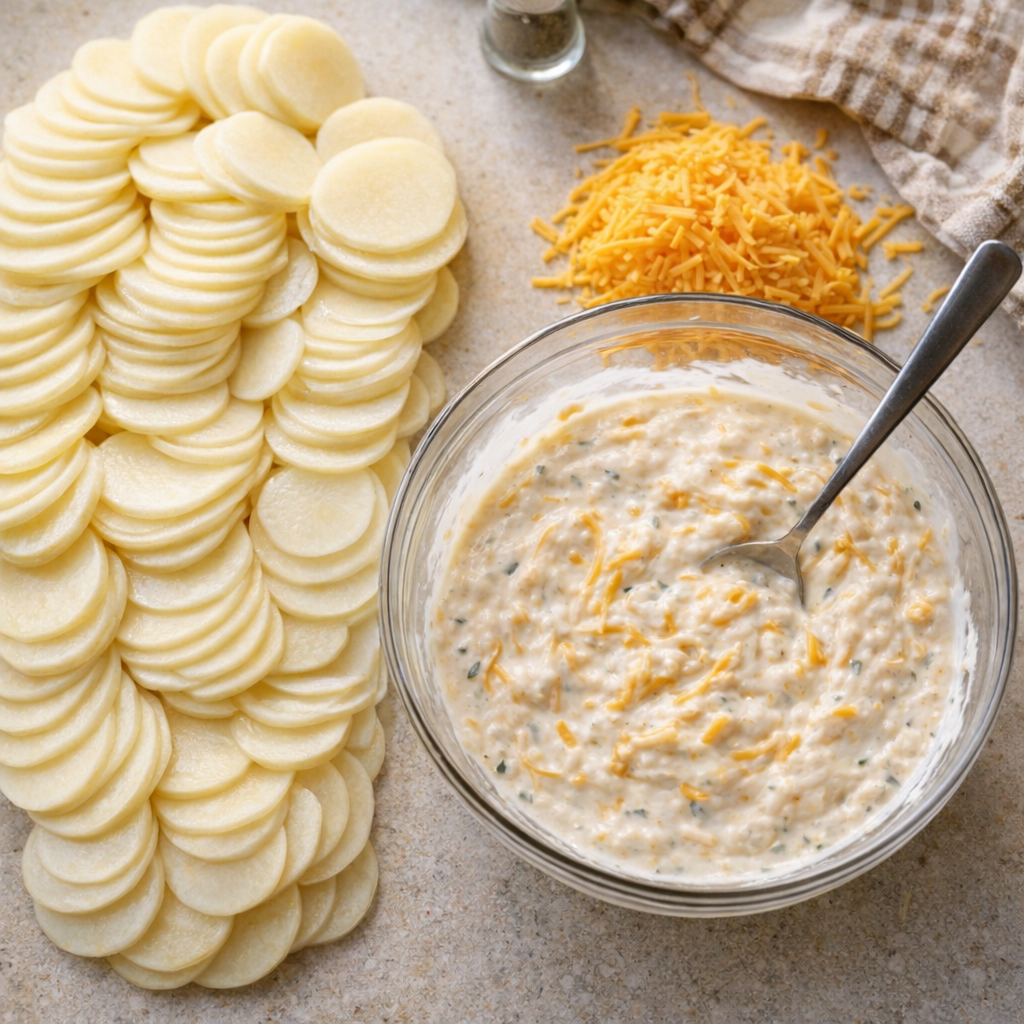 Sliced potatoes and creamy cheese mixture on the counter