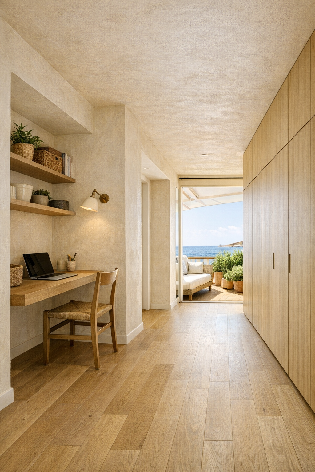 Barrier-free houseboat office nook and terrace connection with Mediterranean styling