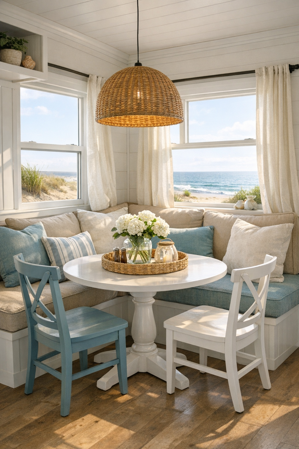 Cozy dining nook with banquette seating and a small pedestal table