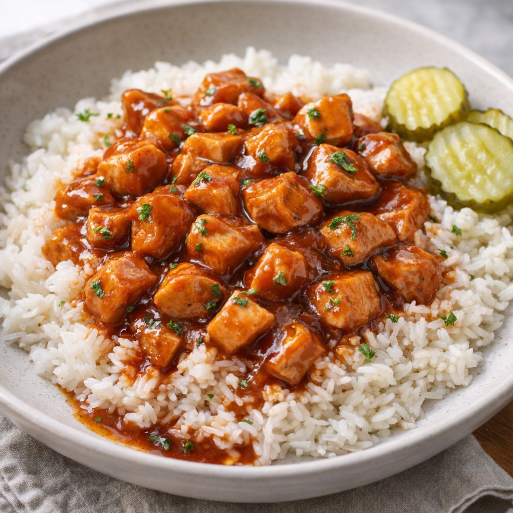 Bowl of barbecue chicken over rice with extra sauce