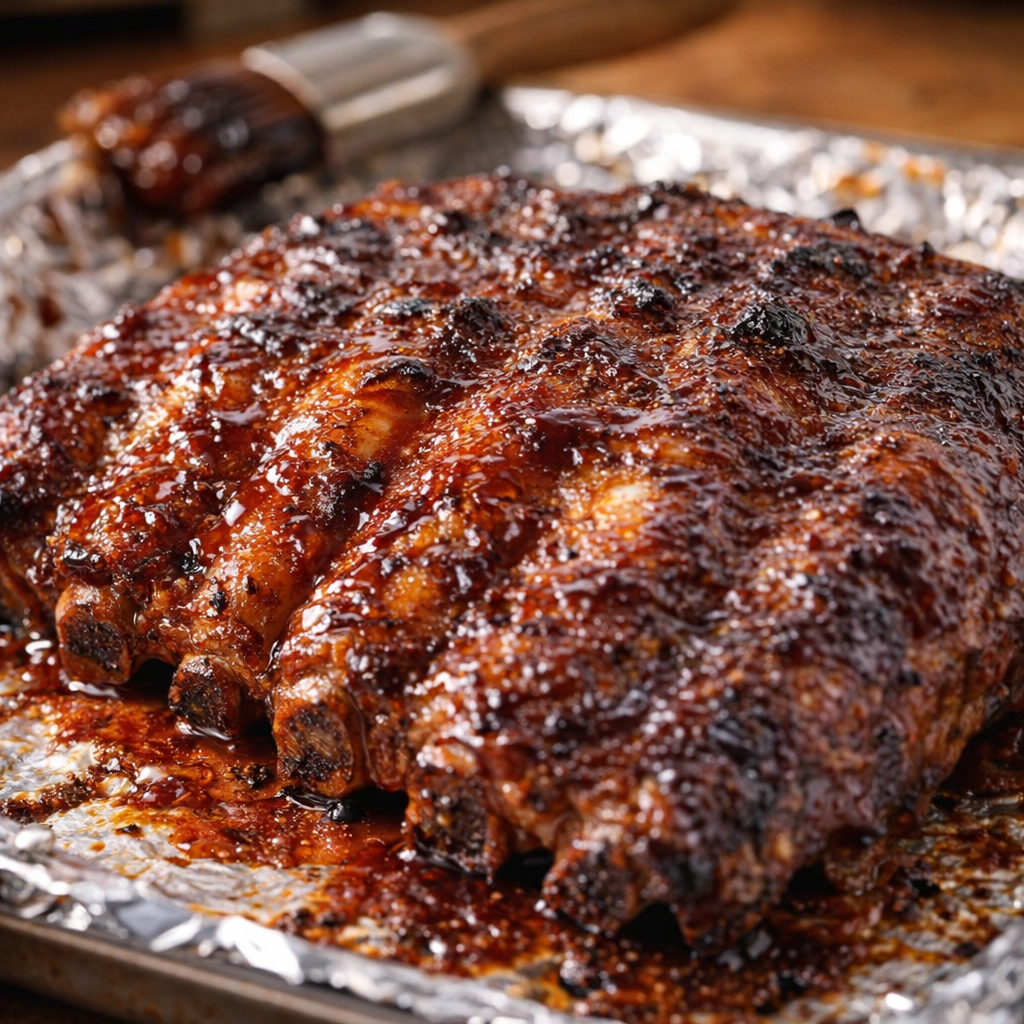 Finished ribs with caramelized edges on a baking sheet