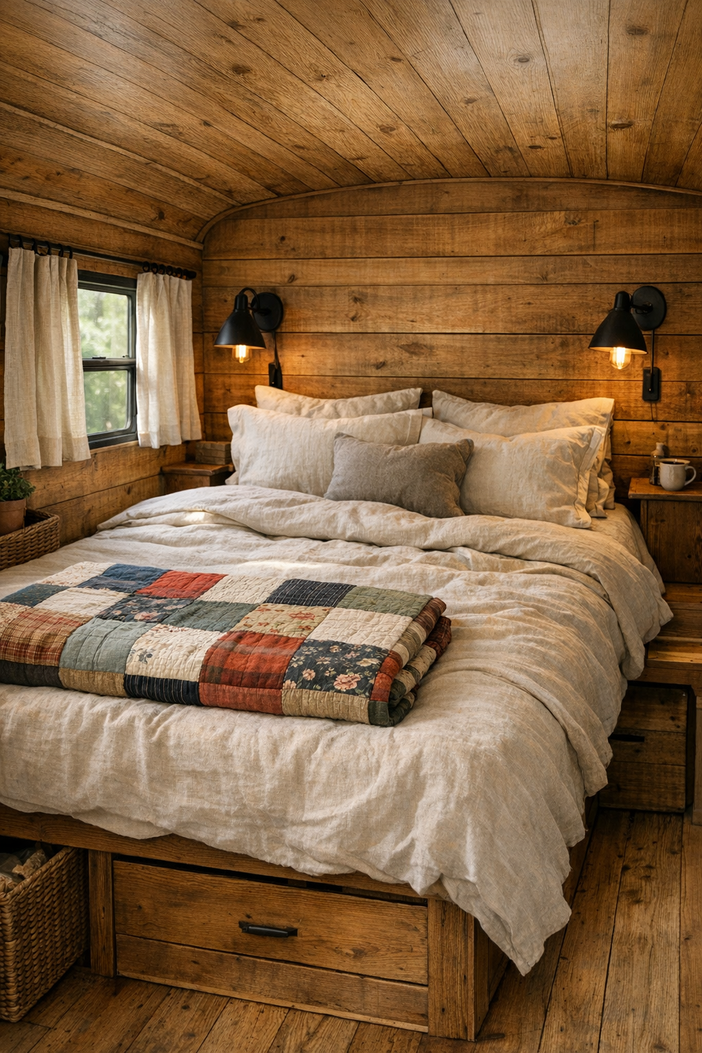 Peaceful bus bedroom with built-in bed, linen bedding, and soft wood paneling