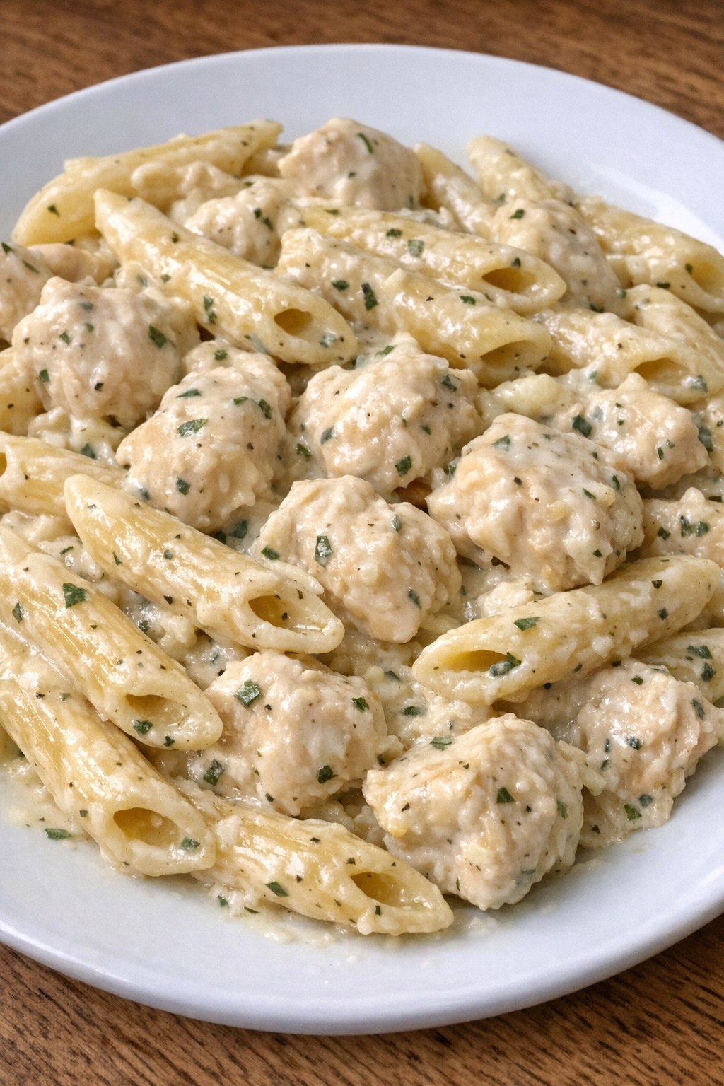 Creamy ranch chicken pasta on a white plate