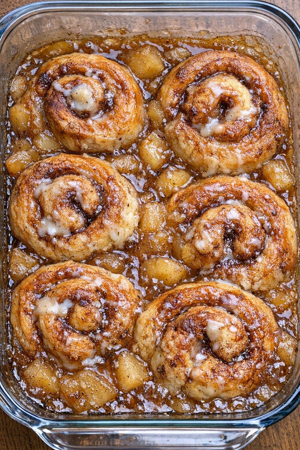 3-ingredient cinnamon roll apple cobbler baked in a clear glass dish