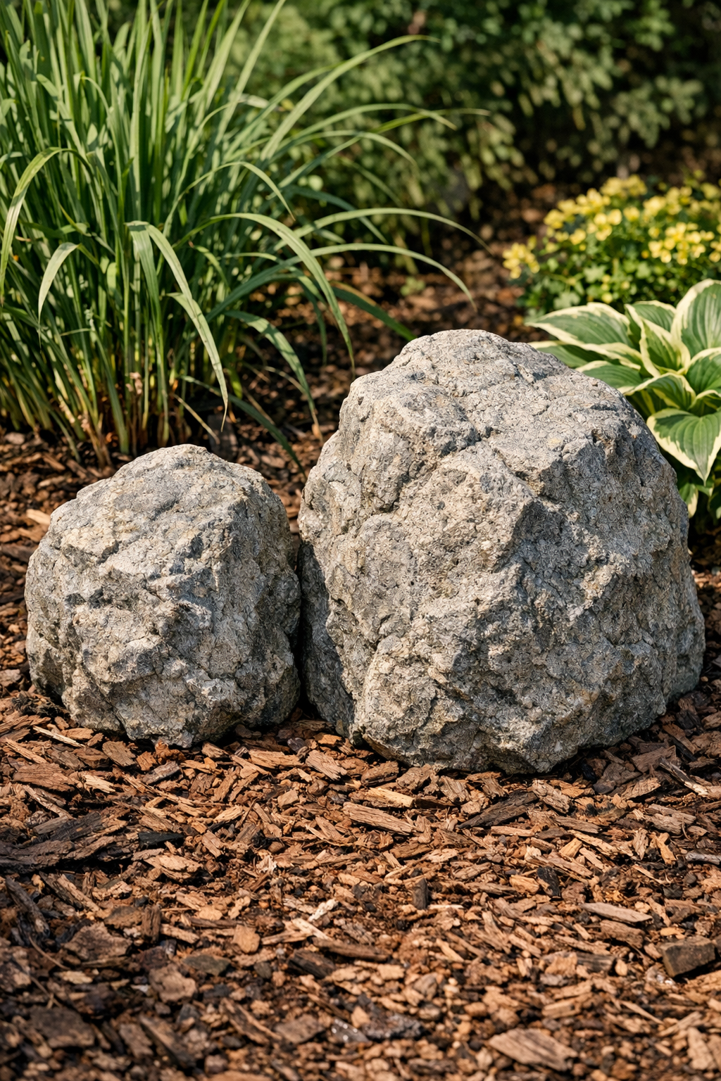 Two finished textured cement garden boulders placed in a garden bed
