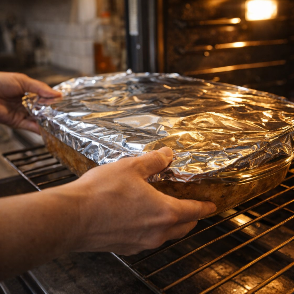 Foil-covered casserole being placed into the oven