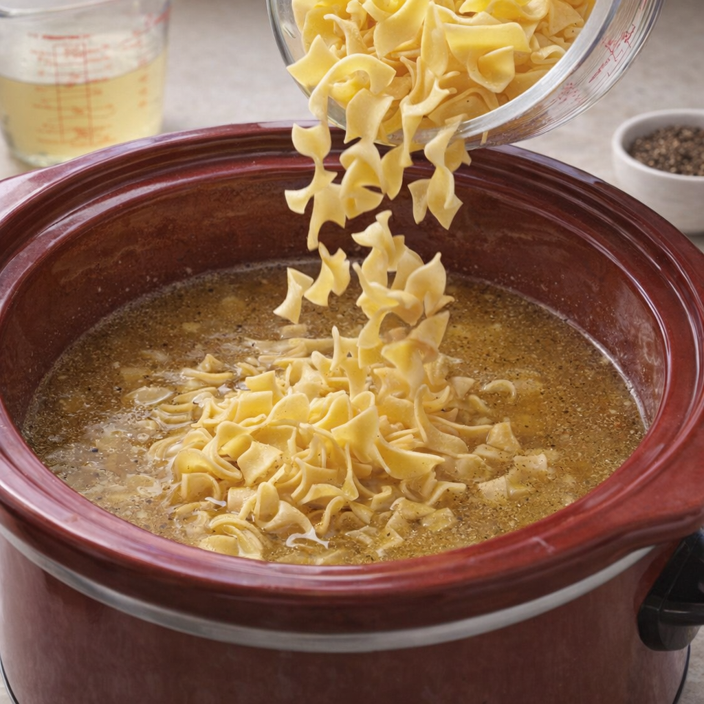 Dry egg noodles and broth being added to a slow cooker