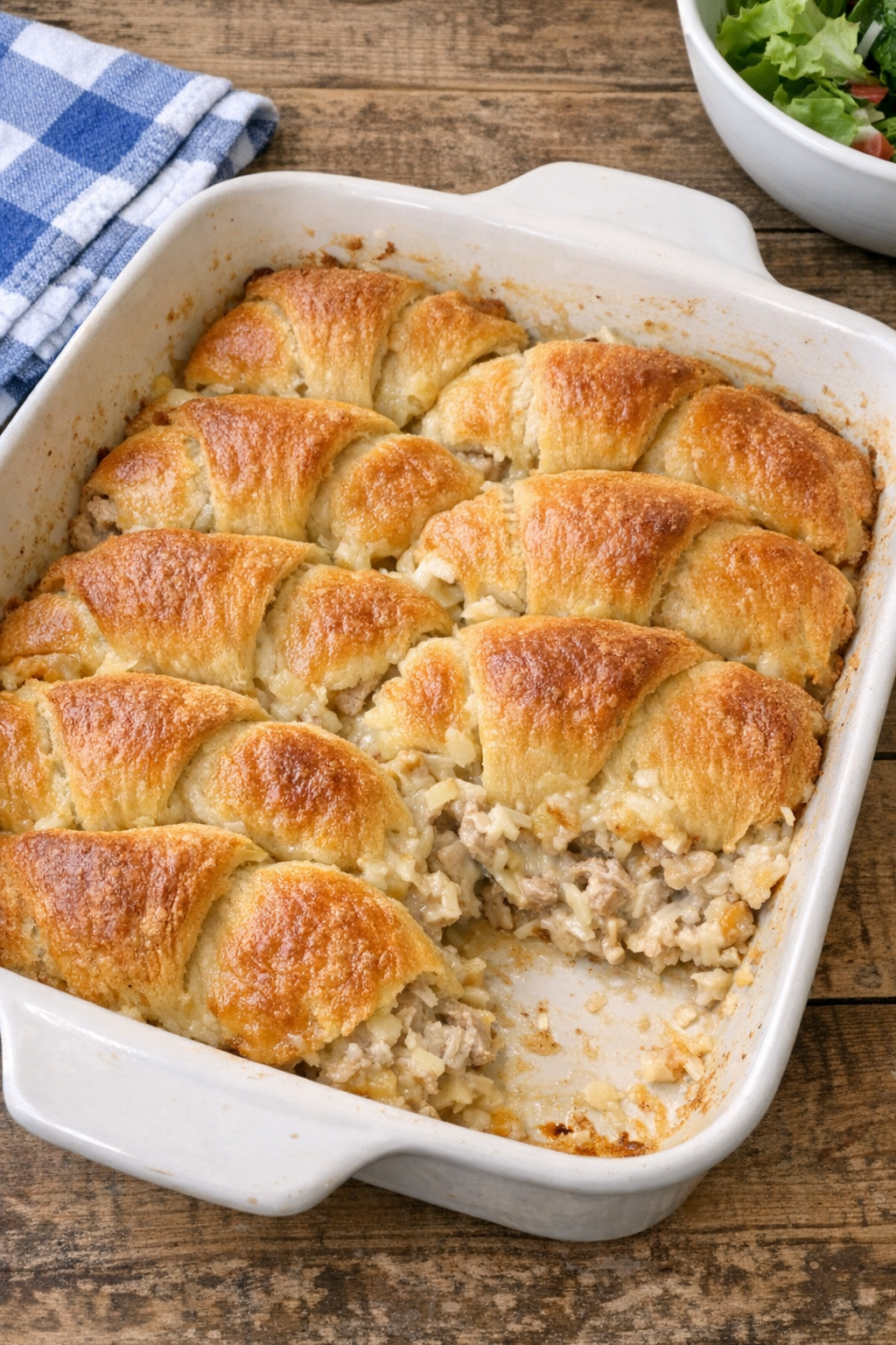 Baked tuna crescents in a casserole dish