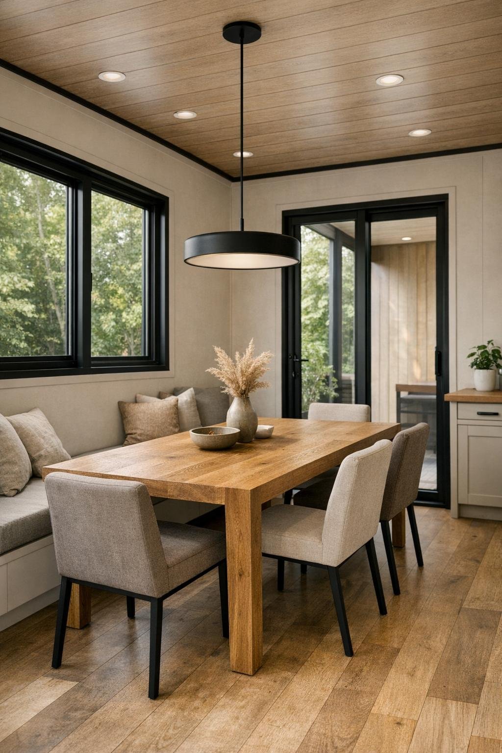 Minimal dining room with wood table and soft modern finishes in a container home