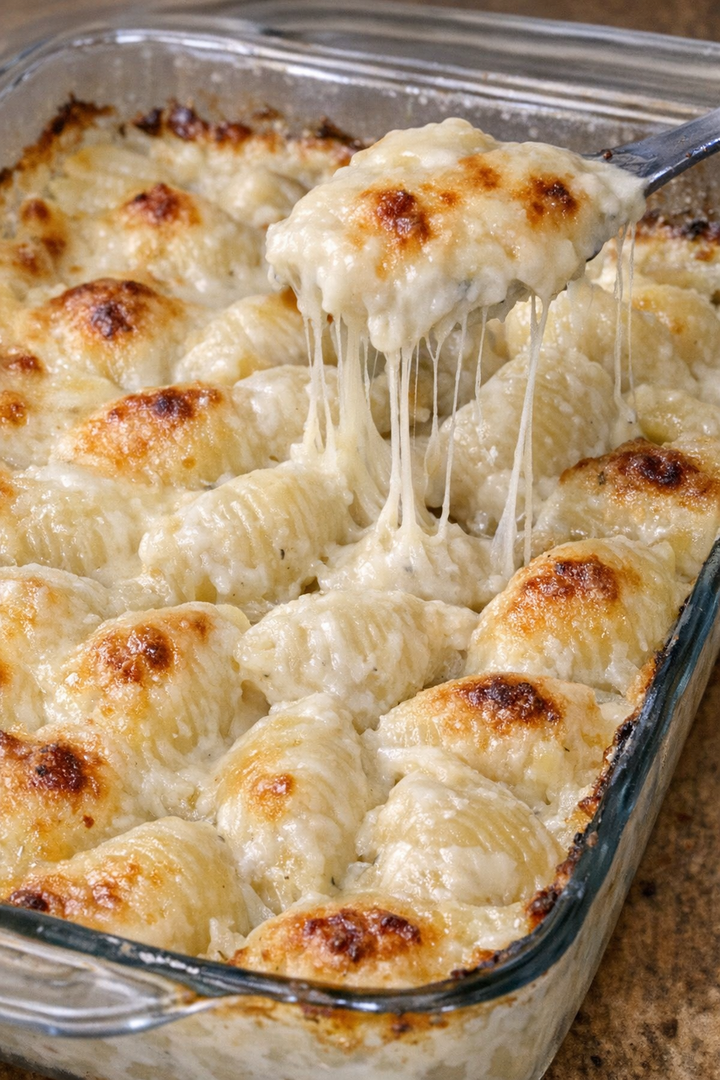 Bubbly baked queso blanco shells in a glass baking dish