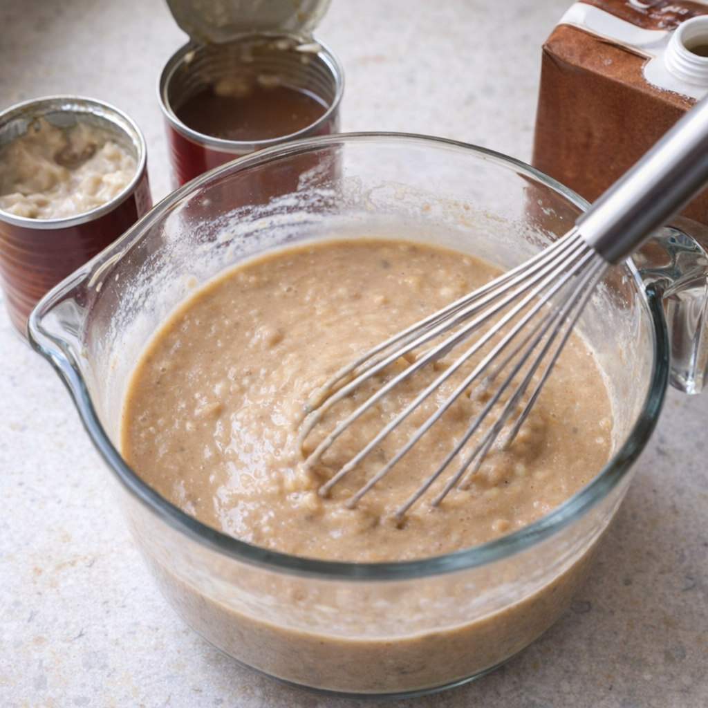 Broth and soup mixture being whisked