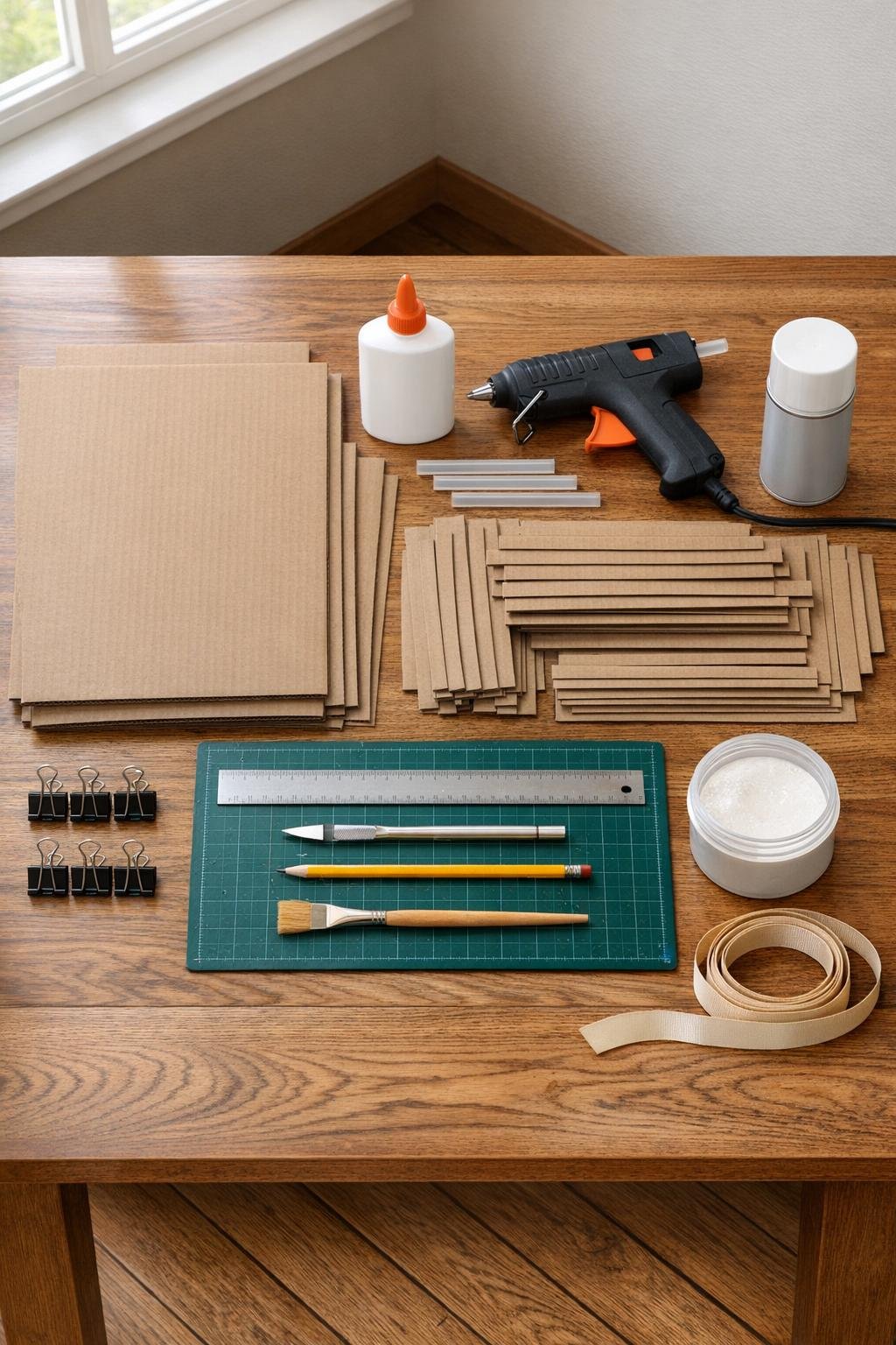 Cardboard strips, glue, ruler, scissors, clips, and paint laid out for making a woven basket