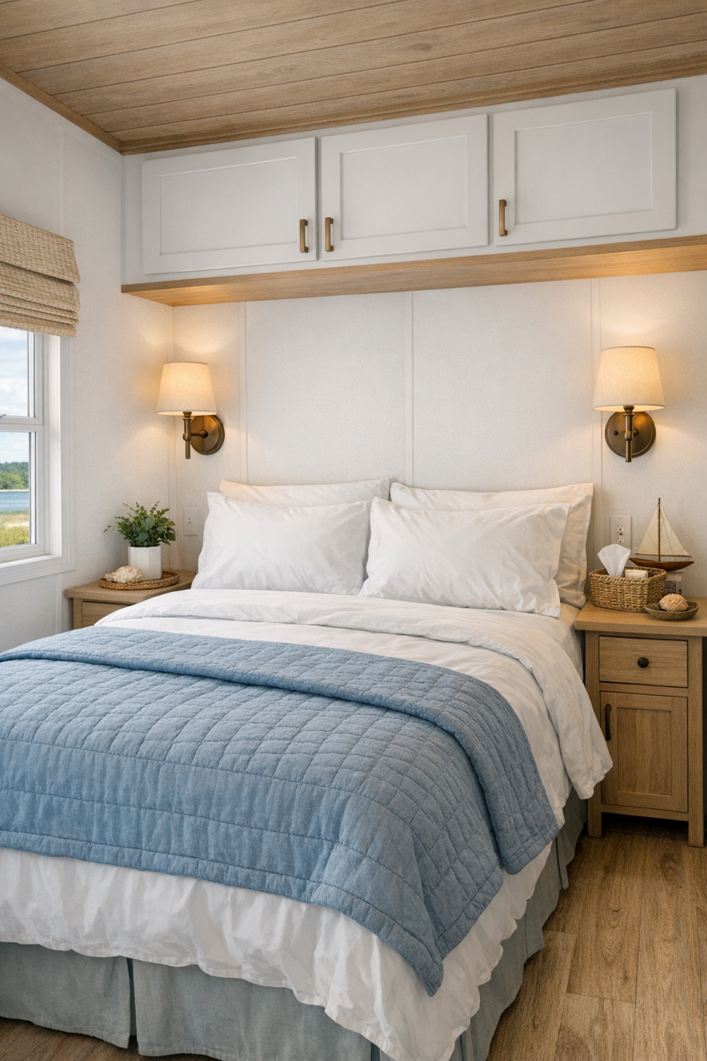 Coastal bedroom with white bedding, blue quilt accents, and light wood details