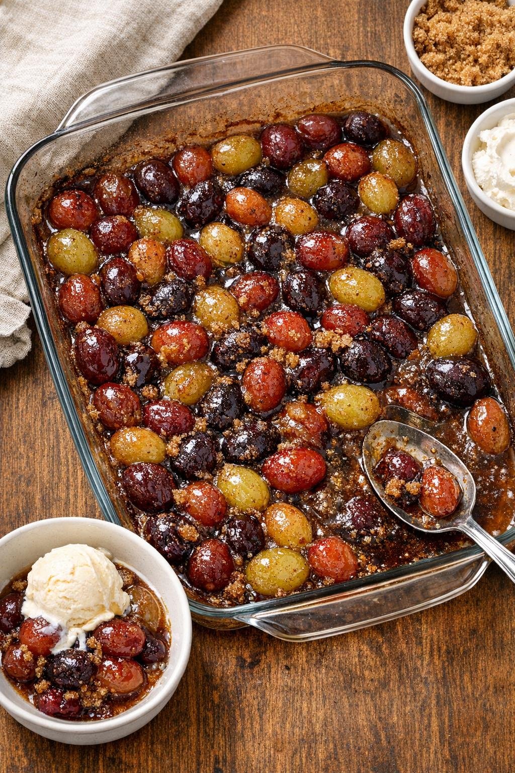 Warm baked grape dessert in a glass casserole dish