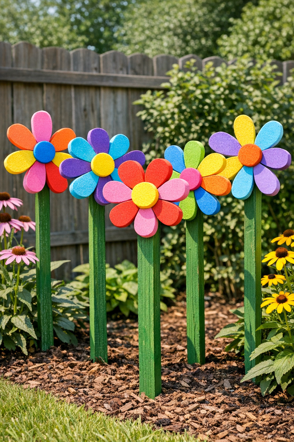 Completed colorful backyard flower sculptures made from foam flip flops on green garden stakes