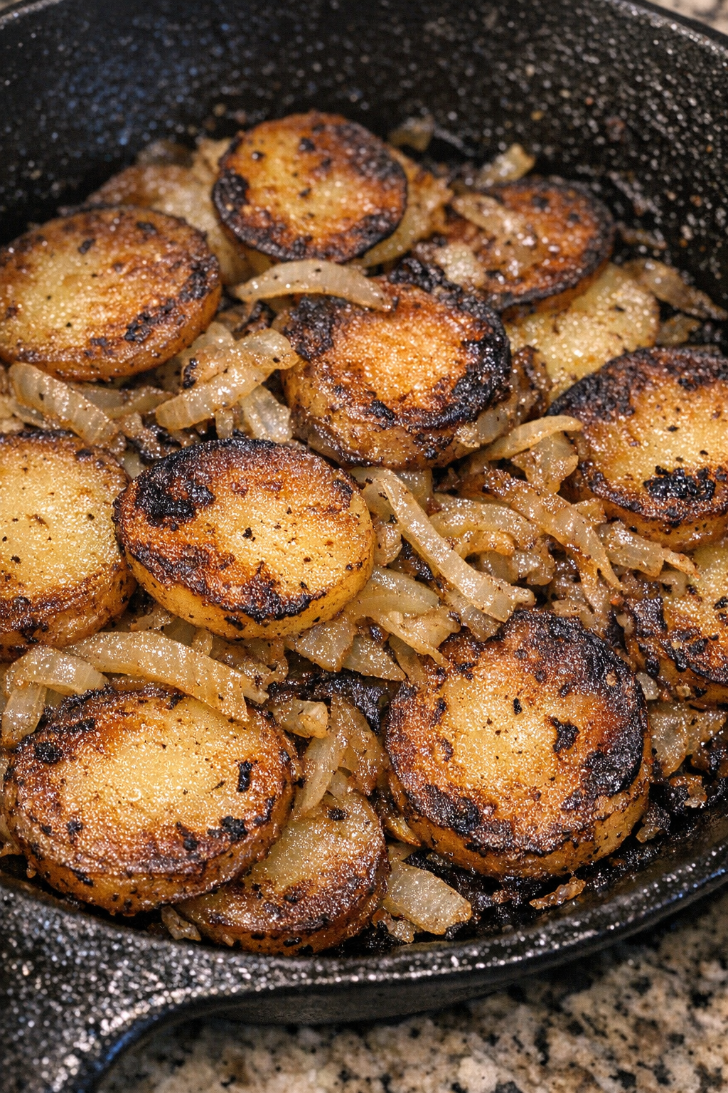 3-ingredient fried potatoes and onions in a cast iron skillet