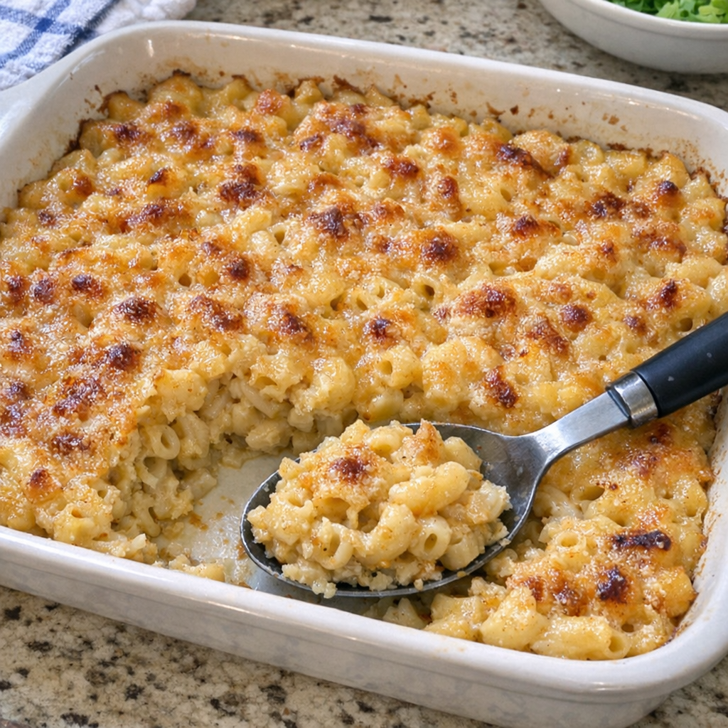 Finished baked honey mustard macaroni casserole in a rustic baking dish