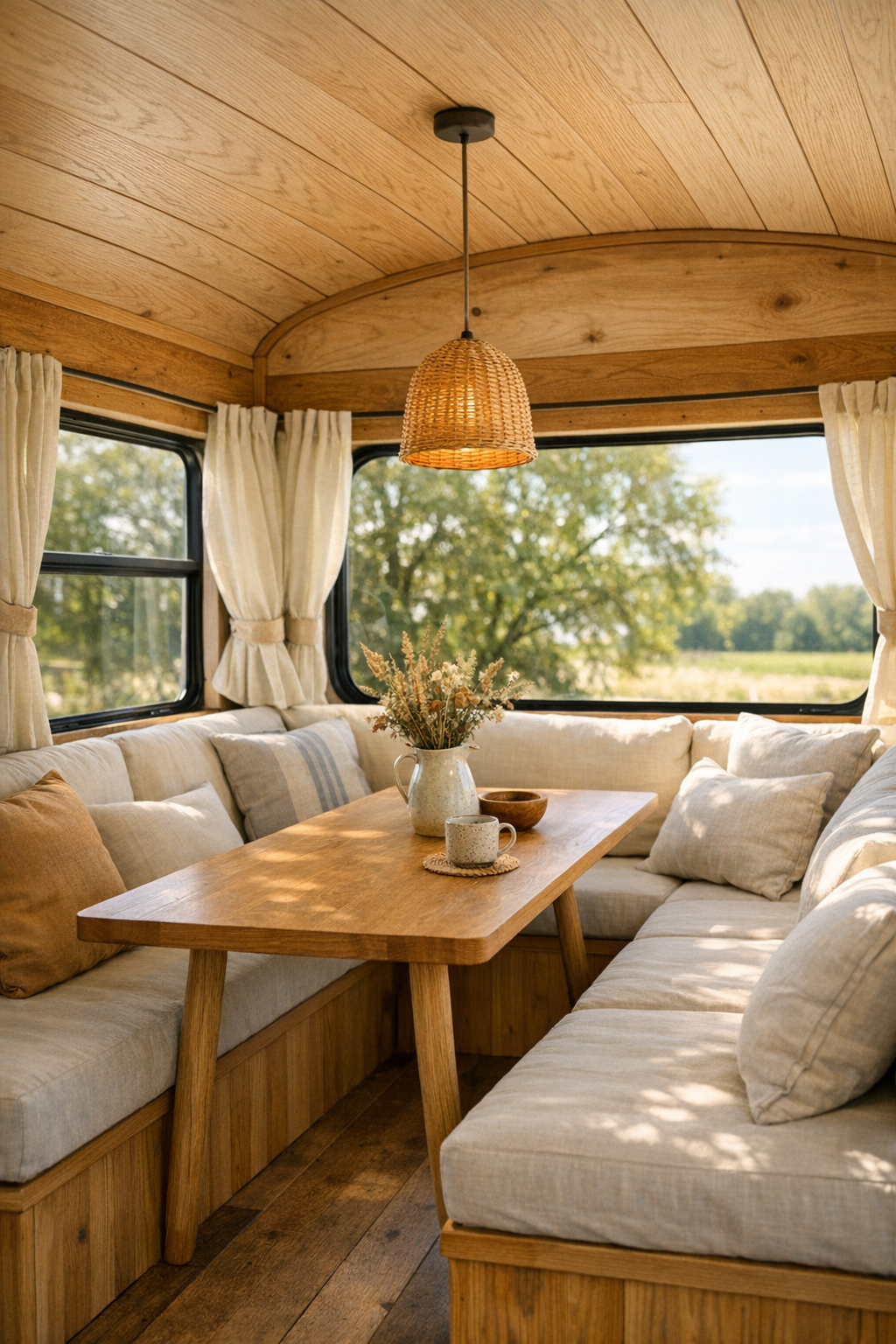 Cozy bus dining nook with built-in banquette and oak table by the windows