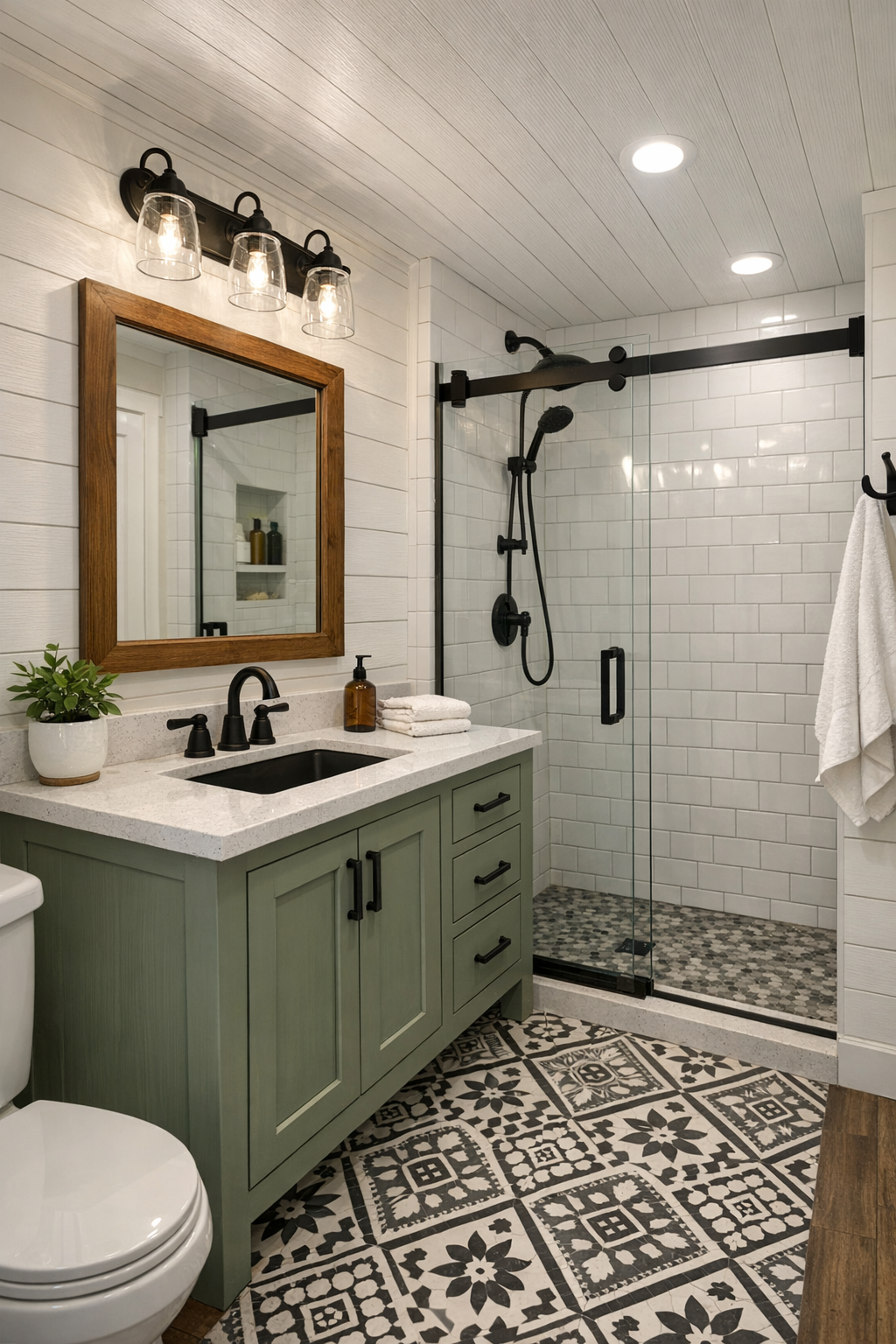 Bright compact bathroom with tiled shower and craftsman-inspired vanity